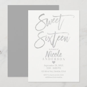 Invitation SWEET SIXTEEN 16 Élégant Moderne Argent Gris Feuil