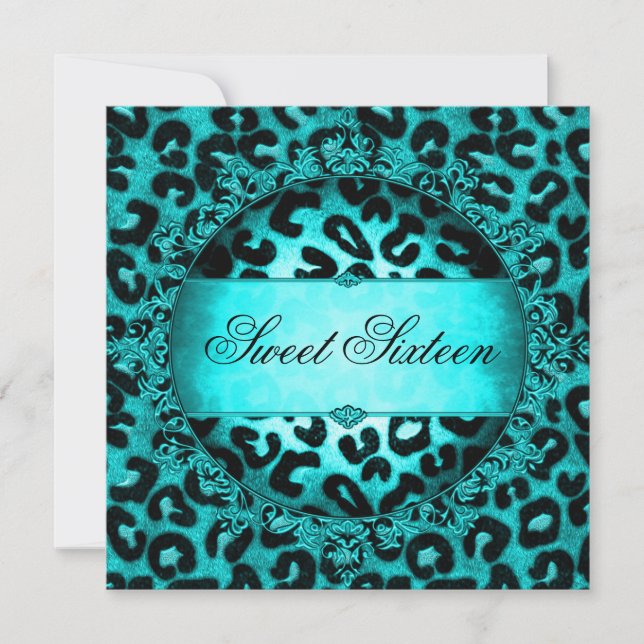 Invitation Sweet sixteen 16 fête d'anniversaire Turquoise léo (Devant)