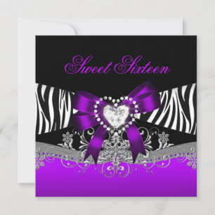 Invitation Sweet sixteen 16 fête d'anniversaire Zebra violet 