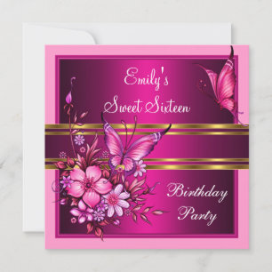 Invitation Sweet sixteen 16 Fleurs roses Papillon Anniversair