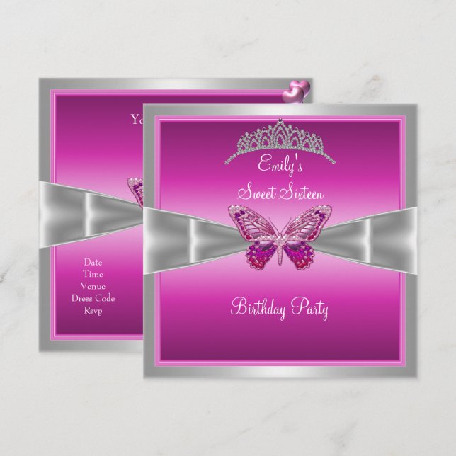 Invitation Sweet sixteen 16 Fushia Pink Silver Tiara 2 (Devant / Derrière)