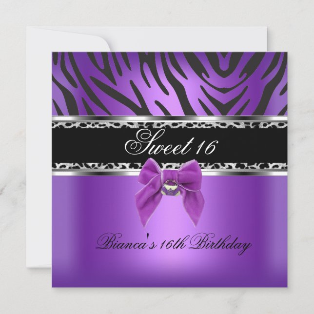 Invitation Sweet sixteen 16 Léopard noir en argent violet Zèb (Devant)