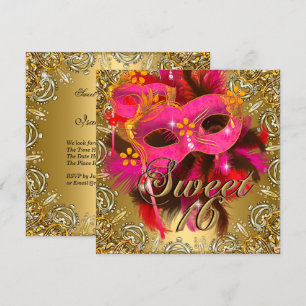 Invitation Sweet sixteen 16 Mascarade Coral Rose Or