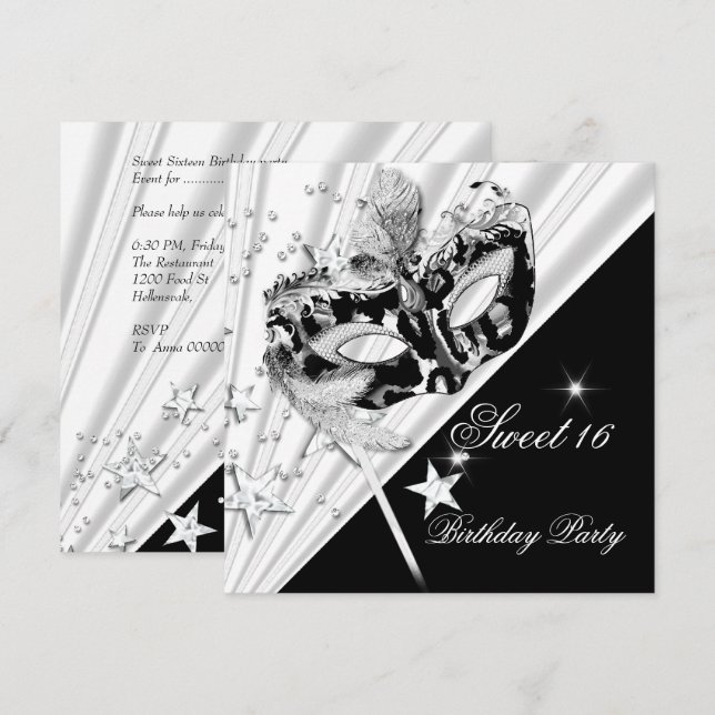 Invitation Sweet sixteen 16 Masque noir blanc argent (Devant / Derrière)
