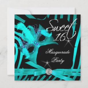 Invitation Sweet sixteen 16 Masquerade Zèbre Turquoise
