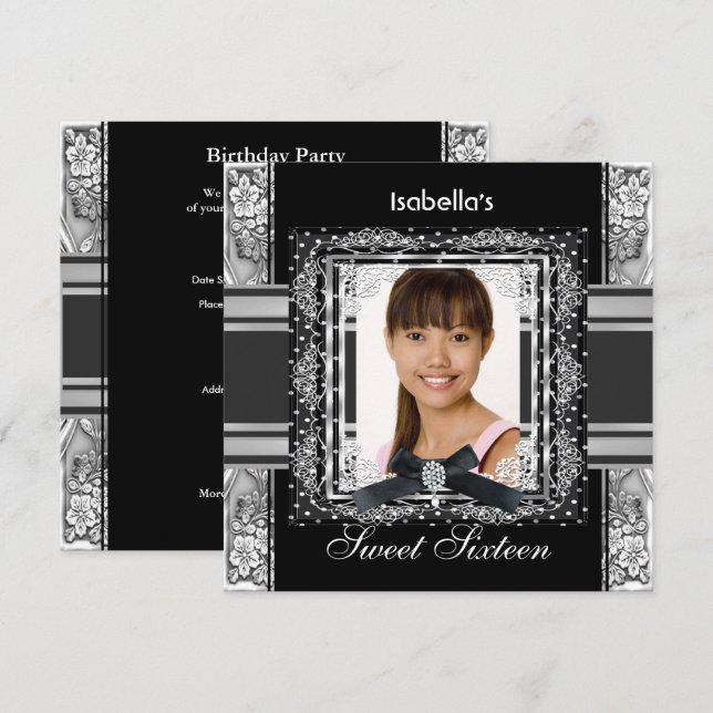Invitation Sweet sixteen 16 Noir blanc Argent fête d'annivers (Devant / Derrière)