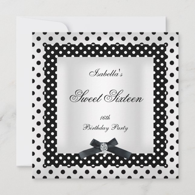 Invitation Sweet sixteen 16 noir blanc Polka point Image 2 (Devant)