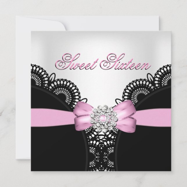 Invitation Sweet sixteen 16 noir rose blanc dentelle diamant  (Devant)