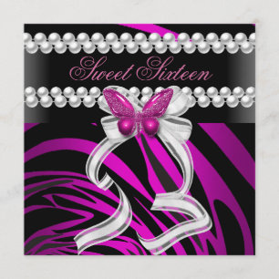 Invitation Sweet sixteen 16 Papillon Zèbre noir rose blanc