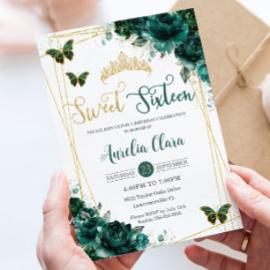 Invitation Sweet sixteen 16 Papillons floraux vert émeraude