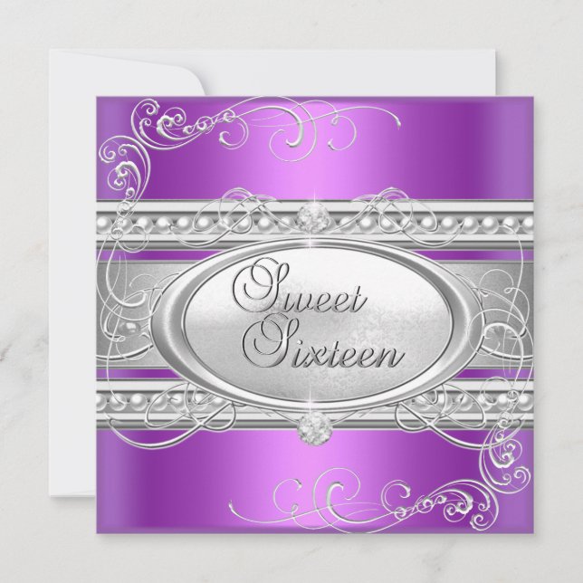 Invitation Sweet sixteen 16 Parti Purple Blanc Silver Pearl (Devant)
