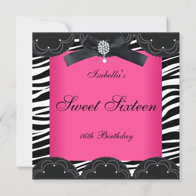 Invitation Sweet sixteen 16 Parti rose noir blanc Zèbre (Devant)