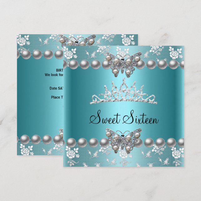 Invitation Sweet sixteen 16 Parti Turquoise Blue Pearl Butter (Devant / Derrière)
