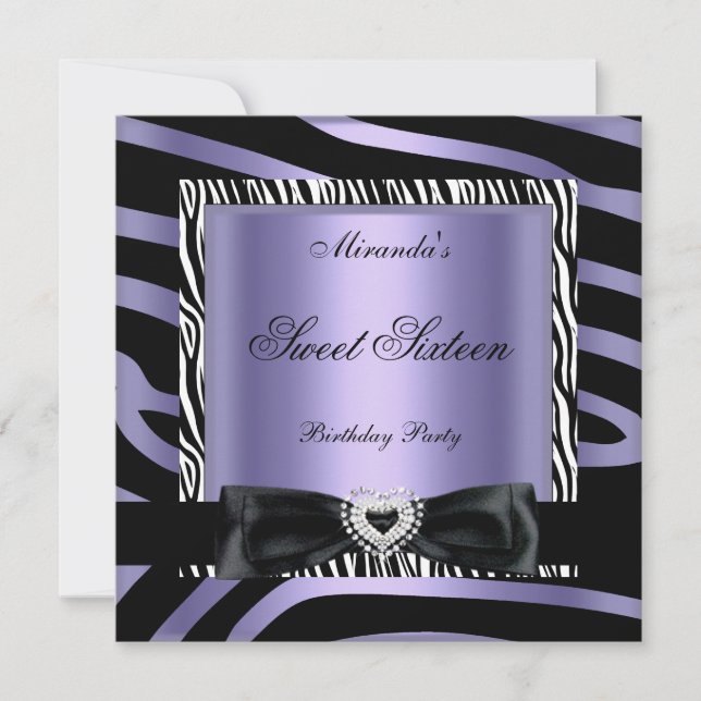 Invitation Sweet sixteen 16 Parti Violet Blanc Zèbre Noir (Devant)