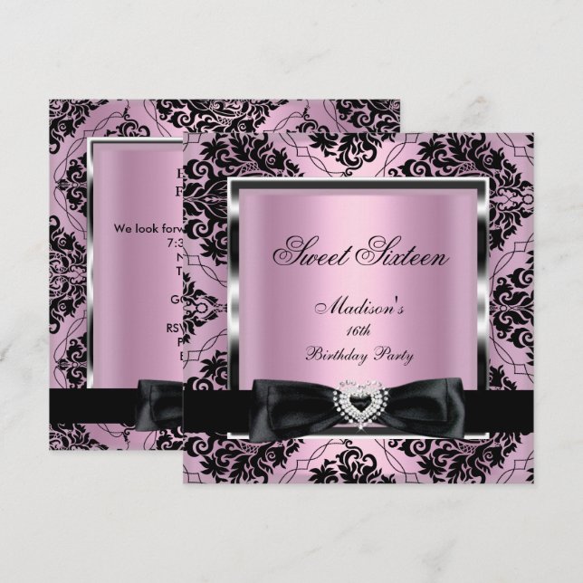 Invitation Sweet sixteen 16 Partie rose Damas argent noir (Devant / Derrière)