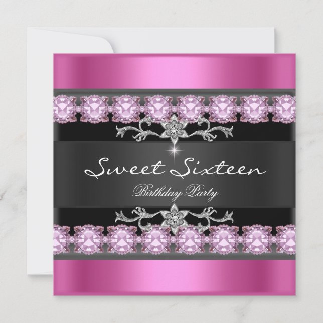 Invitation Sweet sixteen 16 Partie rose noir argent blanc (Devant)