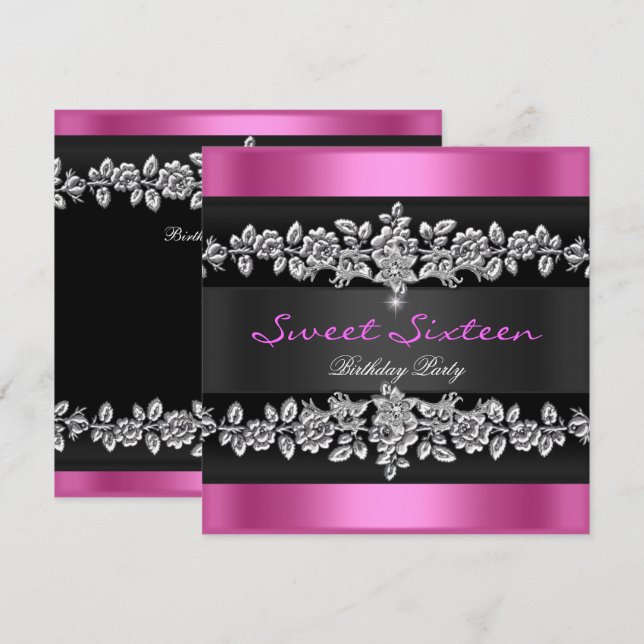 Invitation Sweet sixteen 16 Partie rose noir argent blanc (Devant / Derrière)