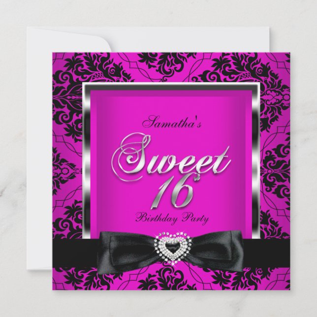 Invitation Sweet sixteen 16 Partie rose noir Damas argent (Devant)