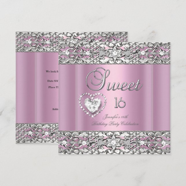 Invitation Sweet sixteen 16 Partie Rose Silver Diamond (Devant / Derrière)