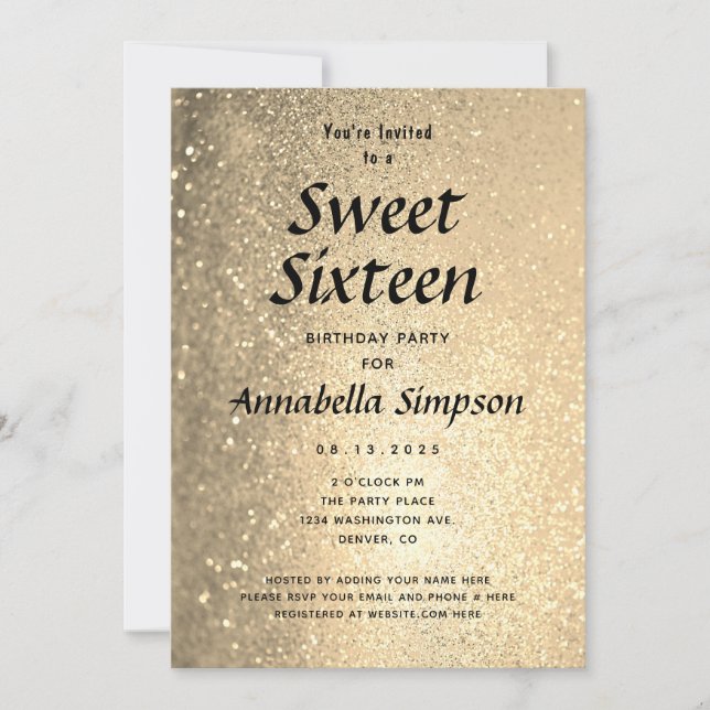 Invitation Sweet sixteen 16 Parties scintillant d'or Annivers (Devant)