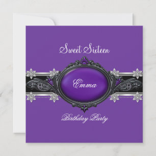 Invitation Sweet sixteen 16 Party Argent Violet Black Jewel