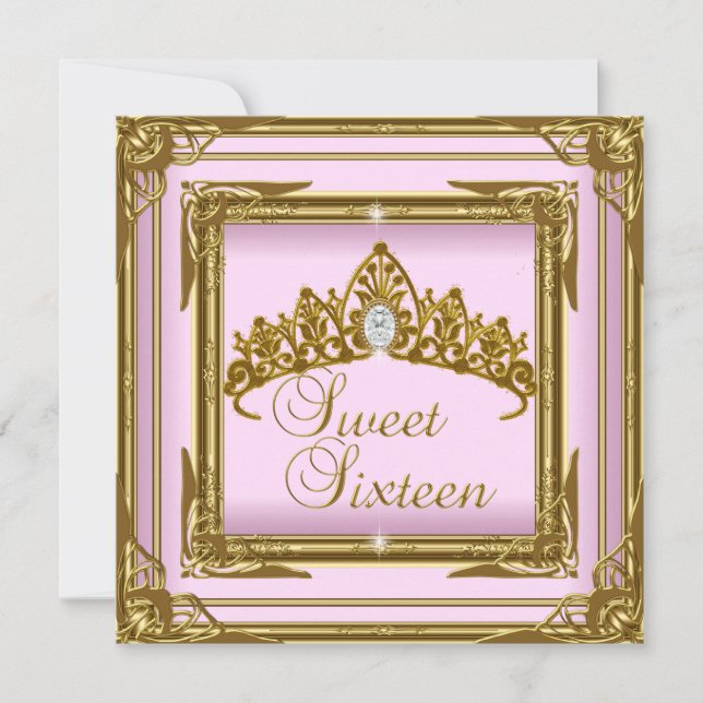 Invitation Sweet sixteen 16 Pink Tiara Parties scintillant or (Devant)