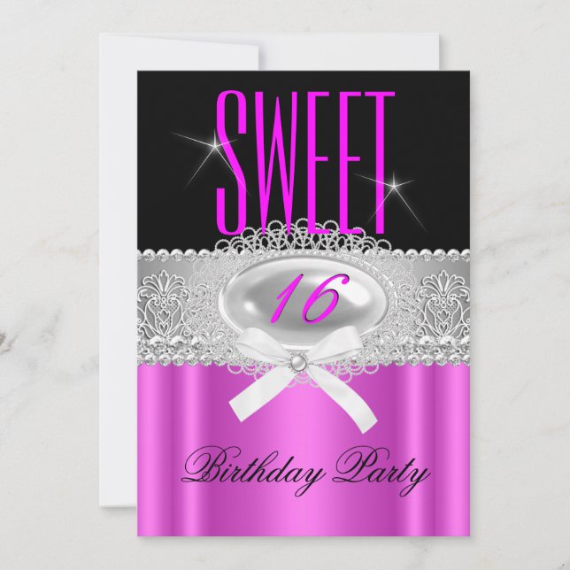 Invitation Sweet sixteen 16 Plutôt Rose Chaud Noir Argent (Devant)