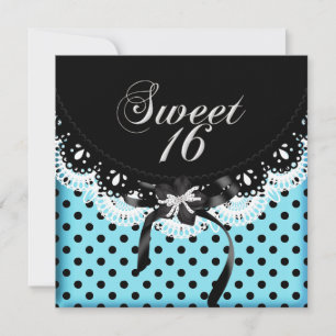 Invitation Sweet sixteen 16 Polka point noir et blanc bleu