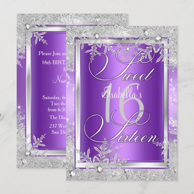 Invitation Sweet sixteen 16 Purple Winter Wonderland (Devant / Derrière)