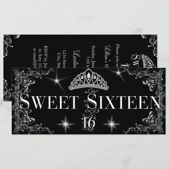Invitation Sweet sixteen 16 Regal Black Silver Tiara (Devant / Derrière)
