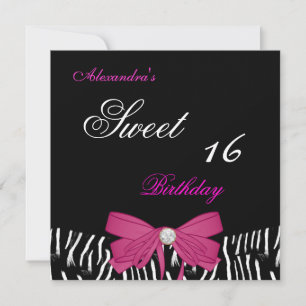 Invitation Sweet Sixteen 16 Rose Clair Zèbre Noir Nœud