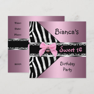 Invitation Sweet sixteen 16 Silver rose Zèbre noir Léopard