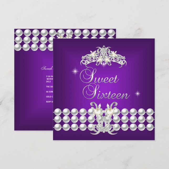 Invitation Sweet sixteen 16 Tiara Purple Silver White Pearl (Devant / Derrière)