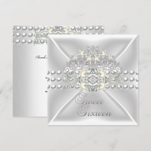 Invitation Sweet sixteen 16 Tiara Silver White Pearl Diamond (Devant / Derrière)