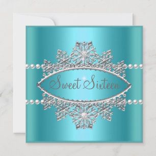 Invitation Sweet sixteen 16 Turquoise Blue Tiara Pearl Argent
