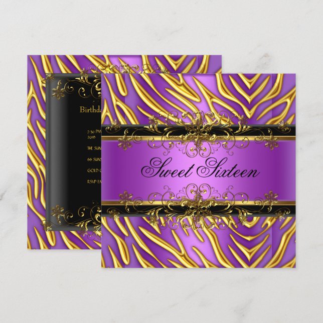 Invitation Sweet sixteen 16 Zebra Purple Gold Black (Devant / Derrière)