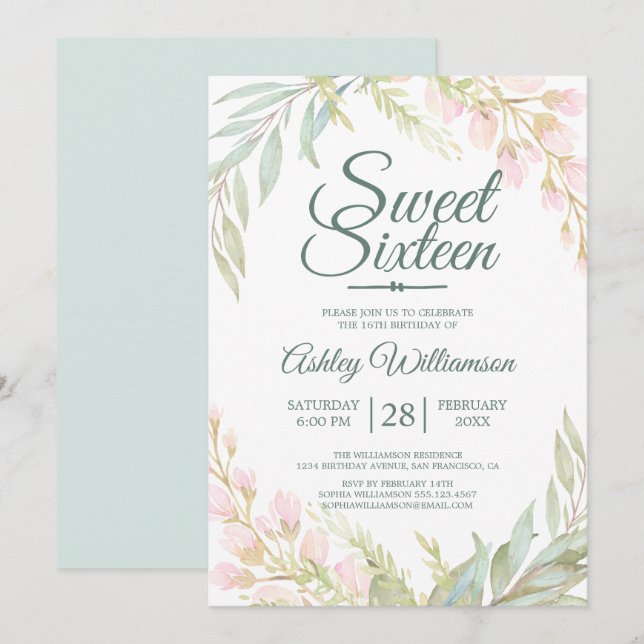 Invitation Sweet sixteen 16e anniversaire bleu rose floral (Devant / Derrière)