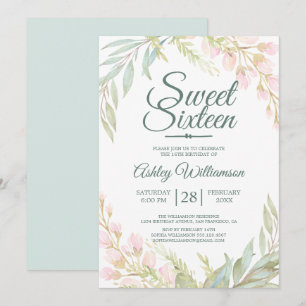 Invitation Sweet sixteen 16e anniversaire bleu rose floral