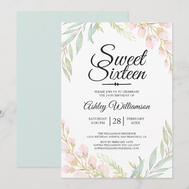 Invitation Sweet sixteen 16e anniversaire bleu rose floral (Devant / Derrière)