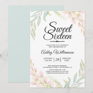 Invitation Sweet sixteen 16e anniversaire bleu rose floral