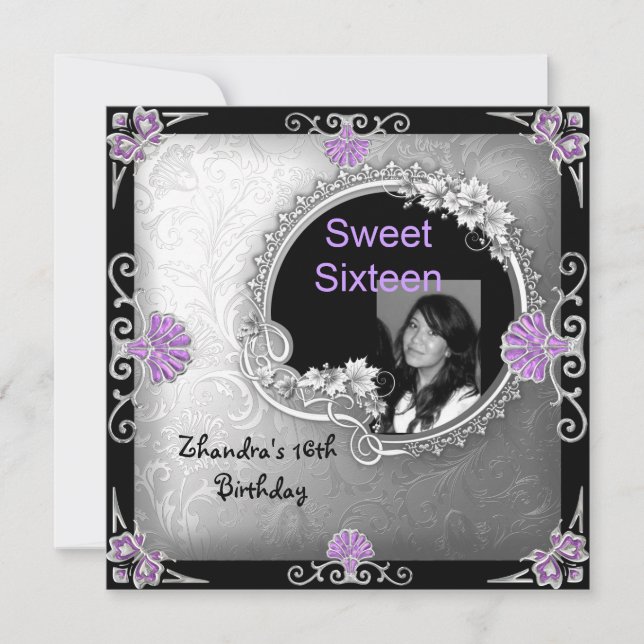 Invitation Sweet sixteen 16e anniversaire Silver Purple Photo (Devant)