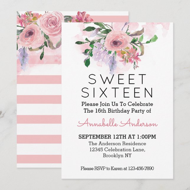 Invitation Sweet sixteen 16ème anniversaire Aquarelle rose (Devant / Derrière)