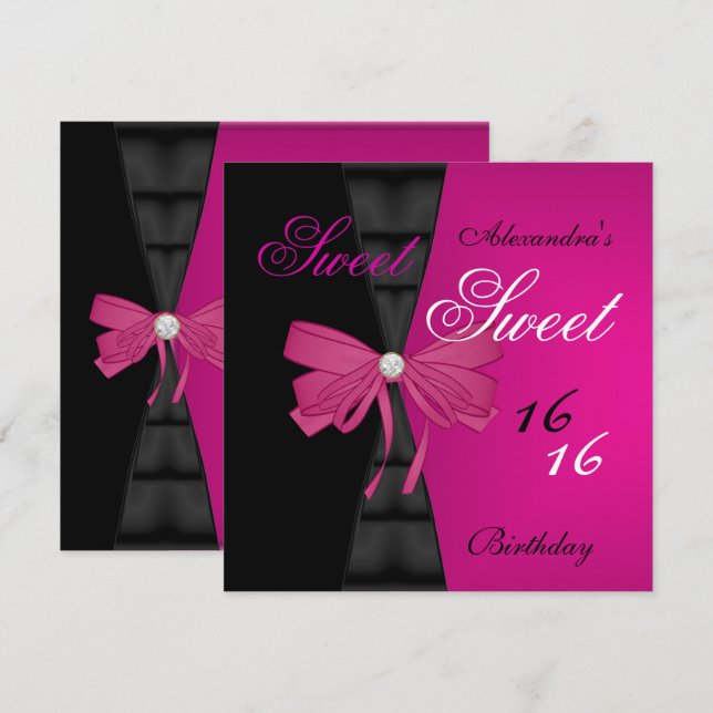 Invitation Sweet sixteen 16ème Bright Pink Black Bow (Devant / Derrière)