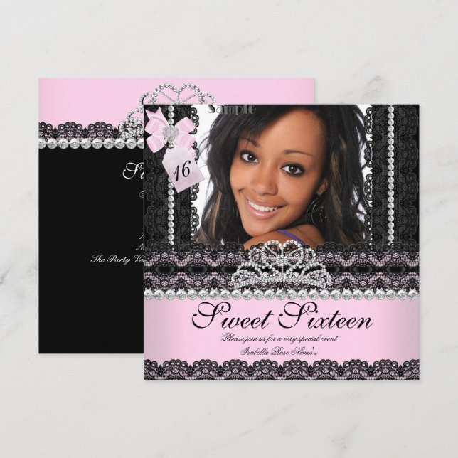 Invitation Sweet sixteen 16ème Pink Silver Photo Black Lace (Devant / Derrière)