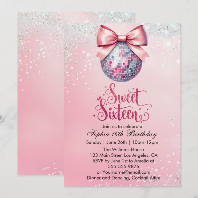 Invitation Sweet sixteen à bille rose Disco (Devant / Derrière)