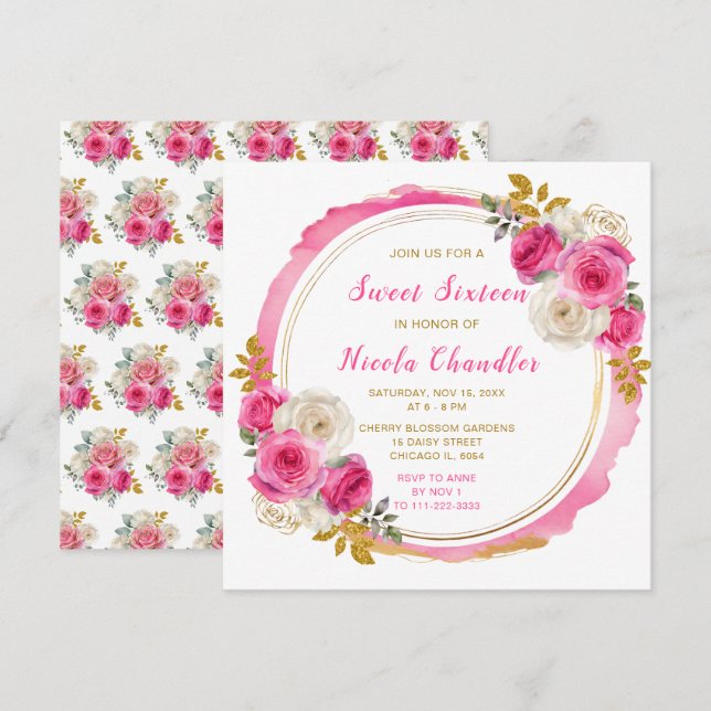 Invitation Sweet sixteen à fleurs élégantes roses et or chaud (Devant / Derrière)