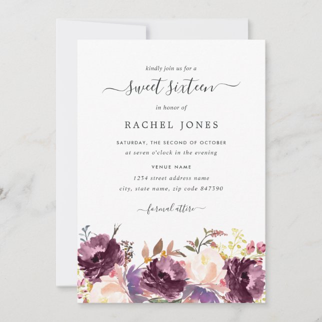 Invitation Sweet sixteen à fleurs violettes (Devant)