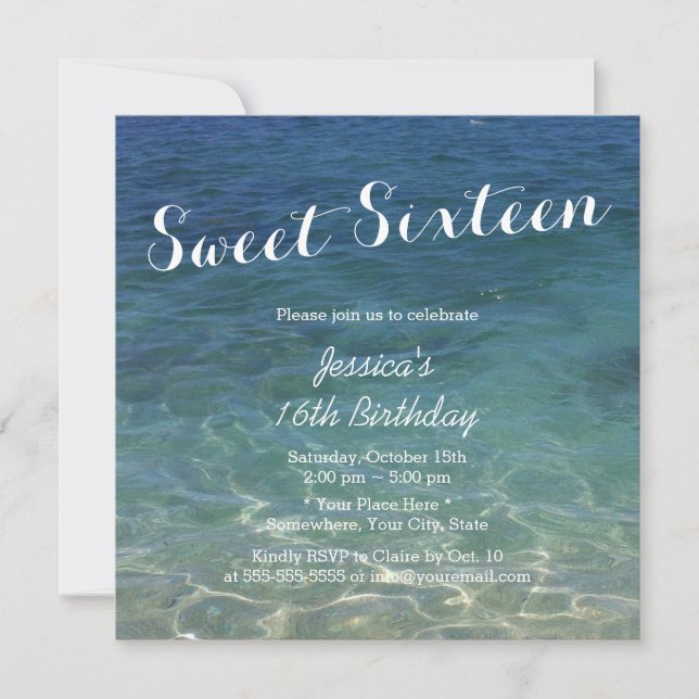 Invitation Sweet sixteen à thème Blue Ocean Beach (Devant)