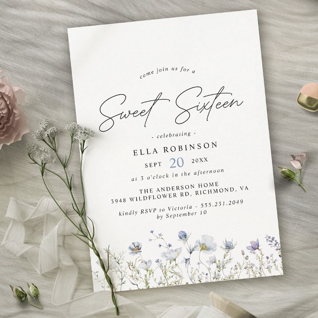 Invitation Sweet sixteen Airy Blue Fleurs sauvages 16e annive (Créateur téléchargé)