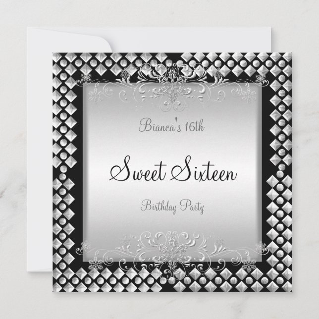 Invitation Sweet sixteen Anniversaire 16 16e Argent Noir (Devant)